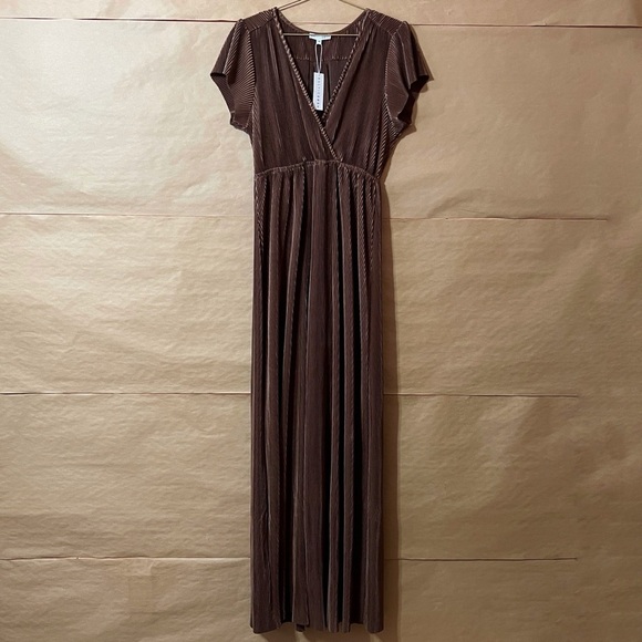 Baltic Born Dresses & Skirts - Baltic Born | NWT Athena Pleated Satin Maxi Dress Crossover Neck Bronze Size M